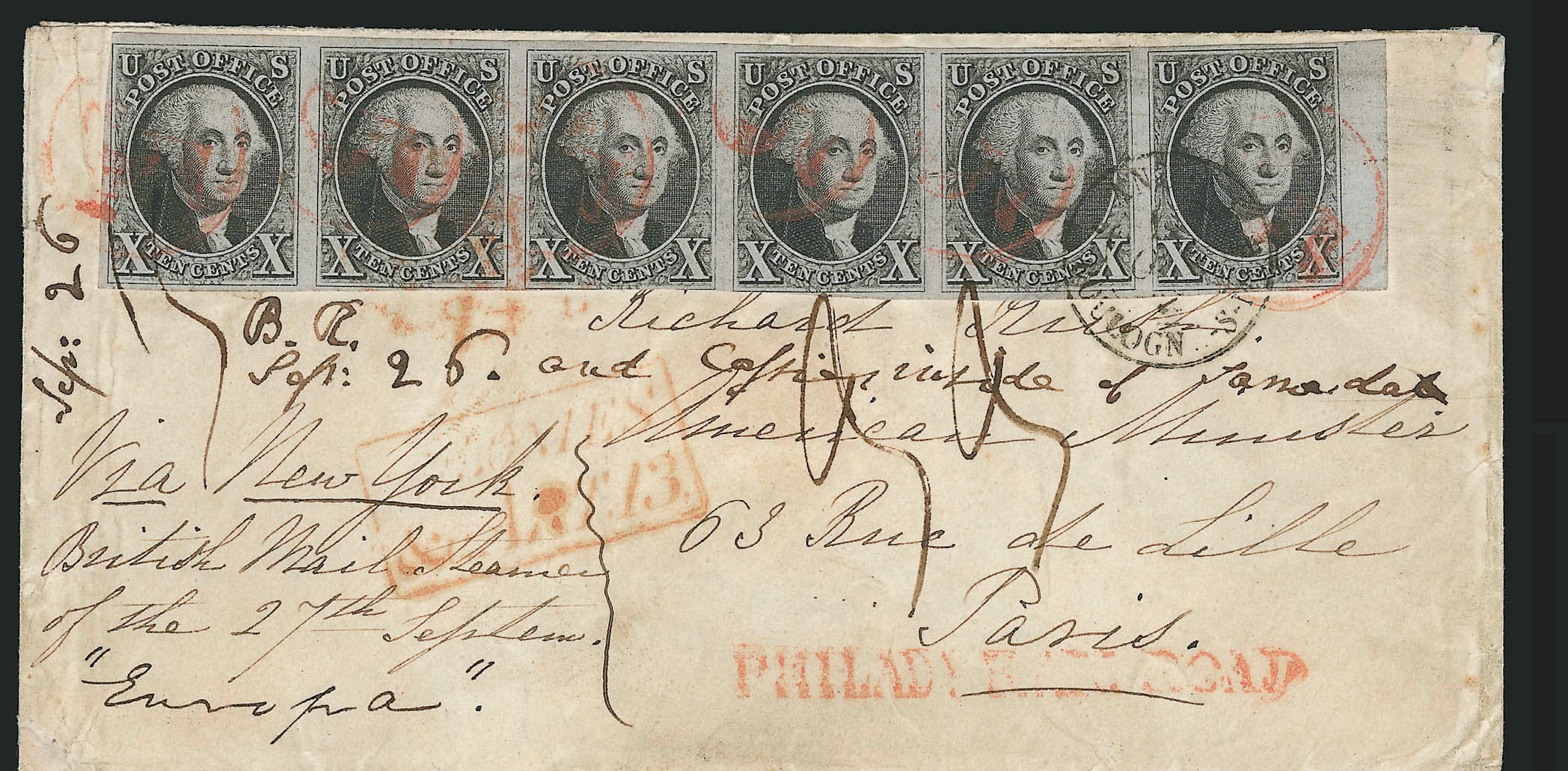 The 1847 Rush cover, carrying a strip of six 10c Washington stamps of the 1847 issue