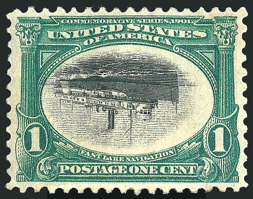 The 1901 Pan-American 1c invert, Scott 294a, with the steamship vignette printed upside down