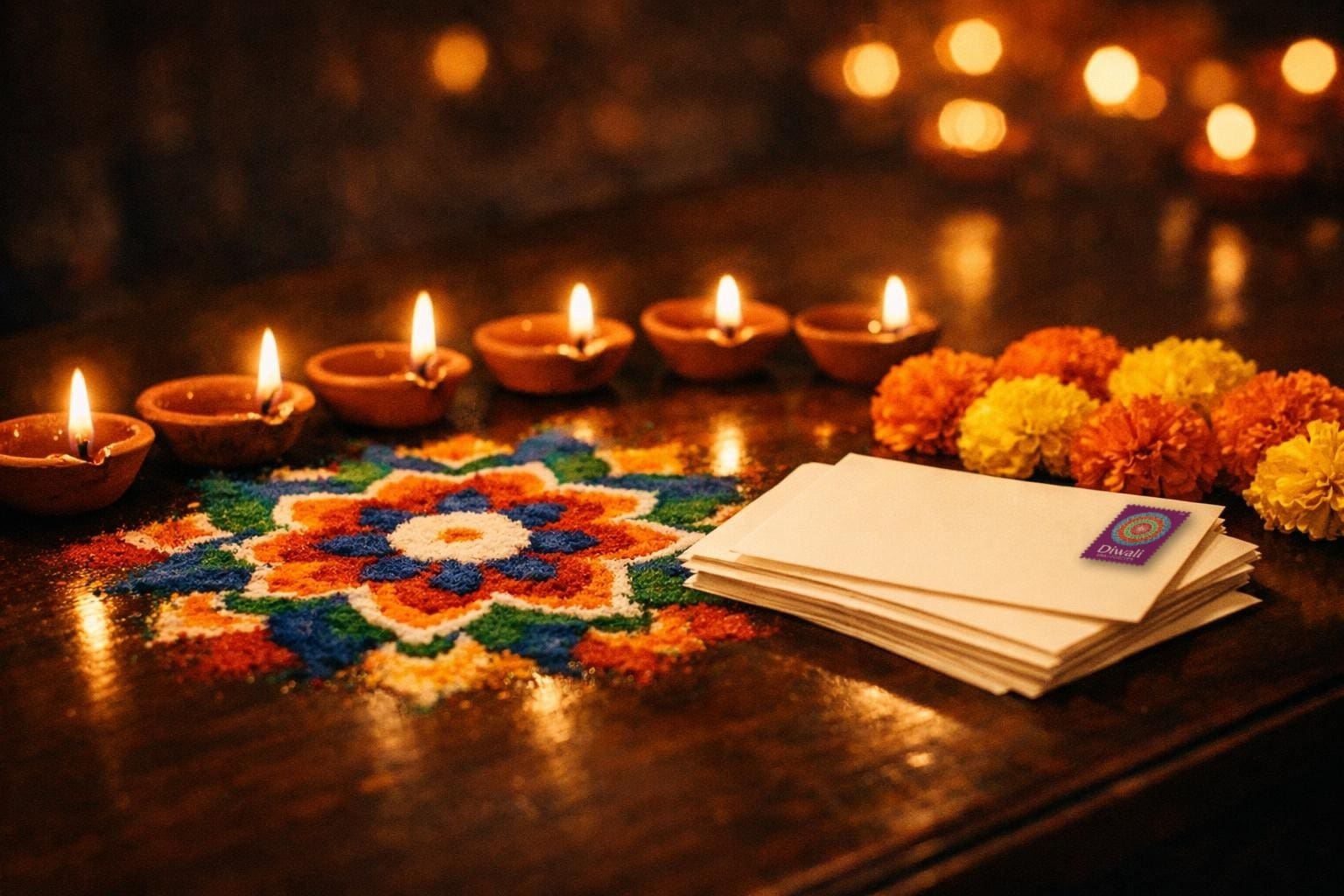 The 2026 USPS Diwali Forever stamp affixed to a cream envelope on a dark table, beside a row of lit clay diya lamps, a coloured rangoli and marigold flowers