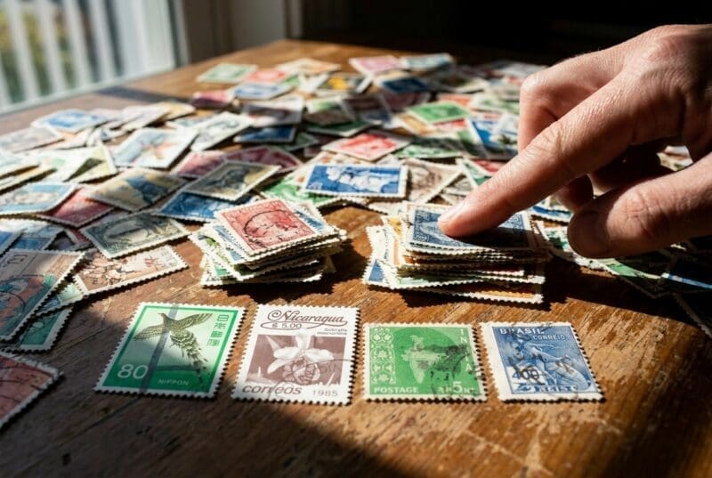 A collector sorting hundreds of world stamps into piles, with Japanese, Nicaraguan, Indian and Brazilian issues in the foreground