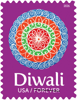 The 2026 USPS Diwali Forever stamp, a rangoli mandala in blue, orange, green, red and white on a purple background